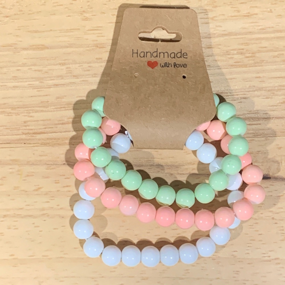Handmade Beaded Bracelet Set Women OS Pastel Pink Green White Stretch Stackable